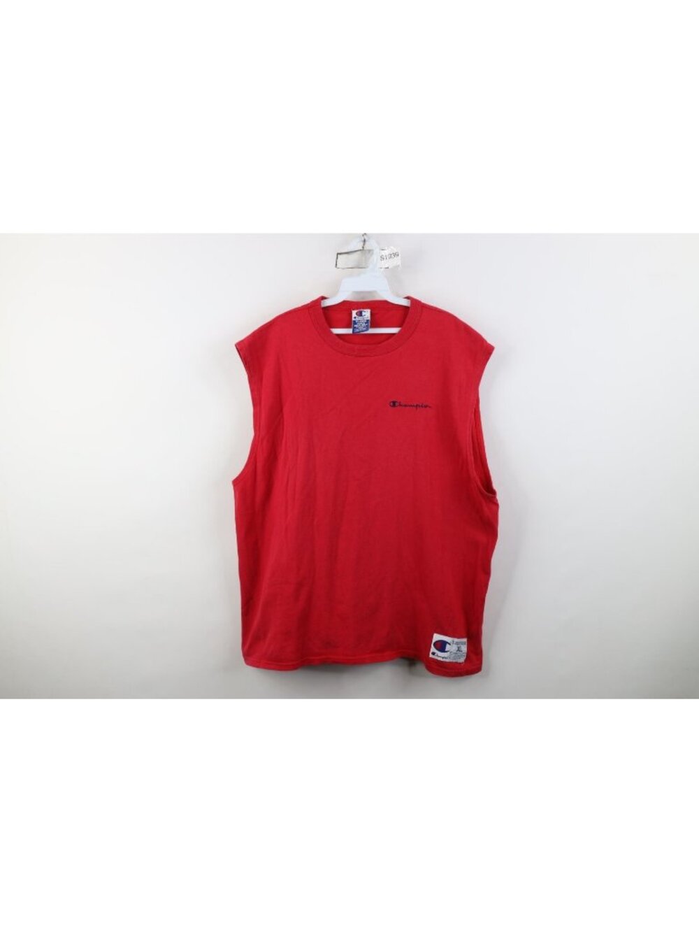 Vtg 90s Champion Mens XL Faded Spell Out Sleeveless Muscle T-Shirt Red Cotton